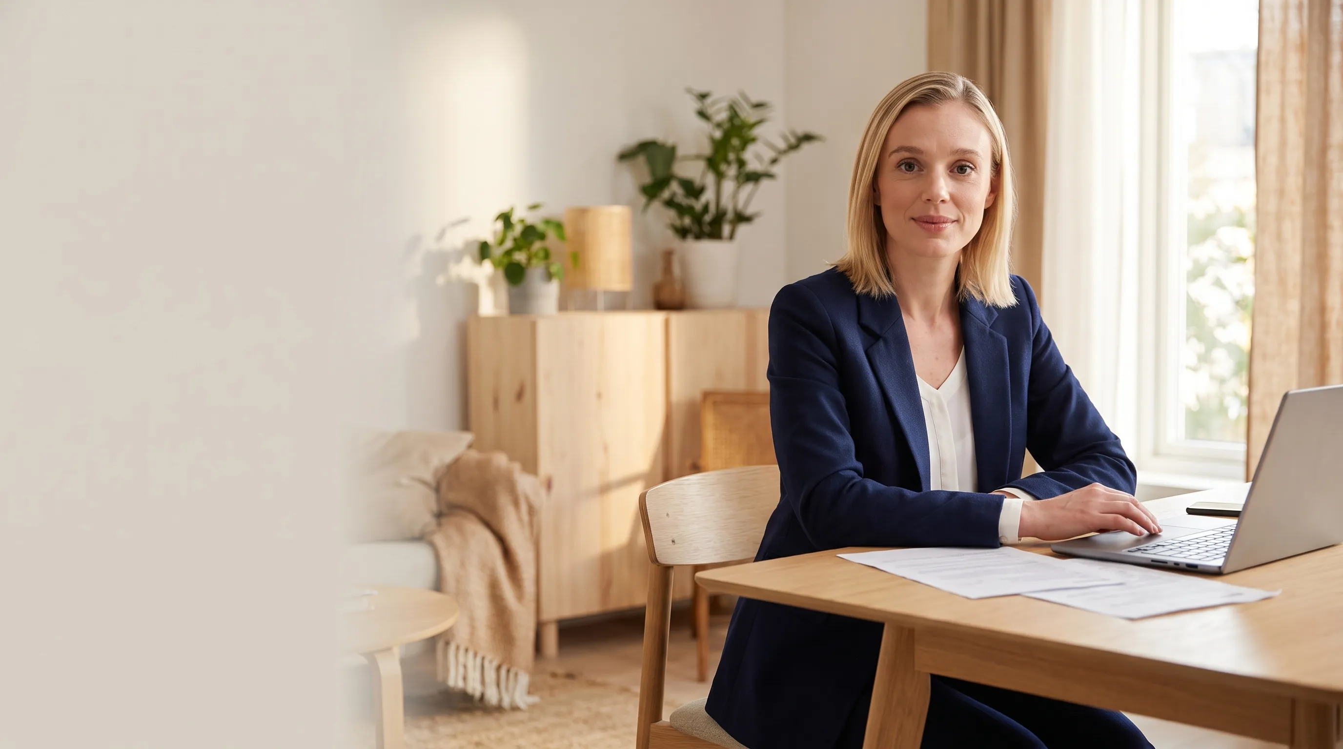 Mette Holm, forsikringsrådgiver hos Forsikringsagenten, ved sit skrivebord i et lyst hjem
